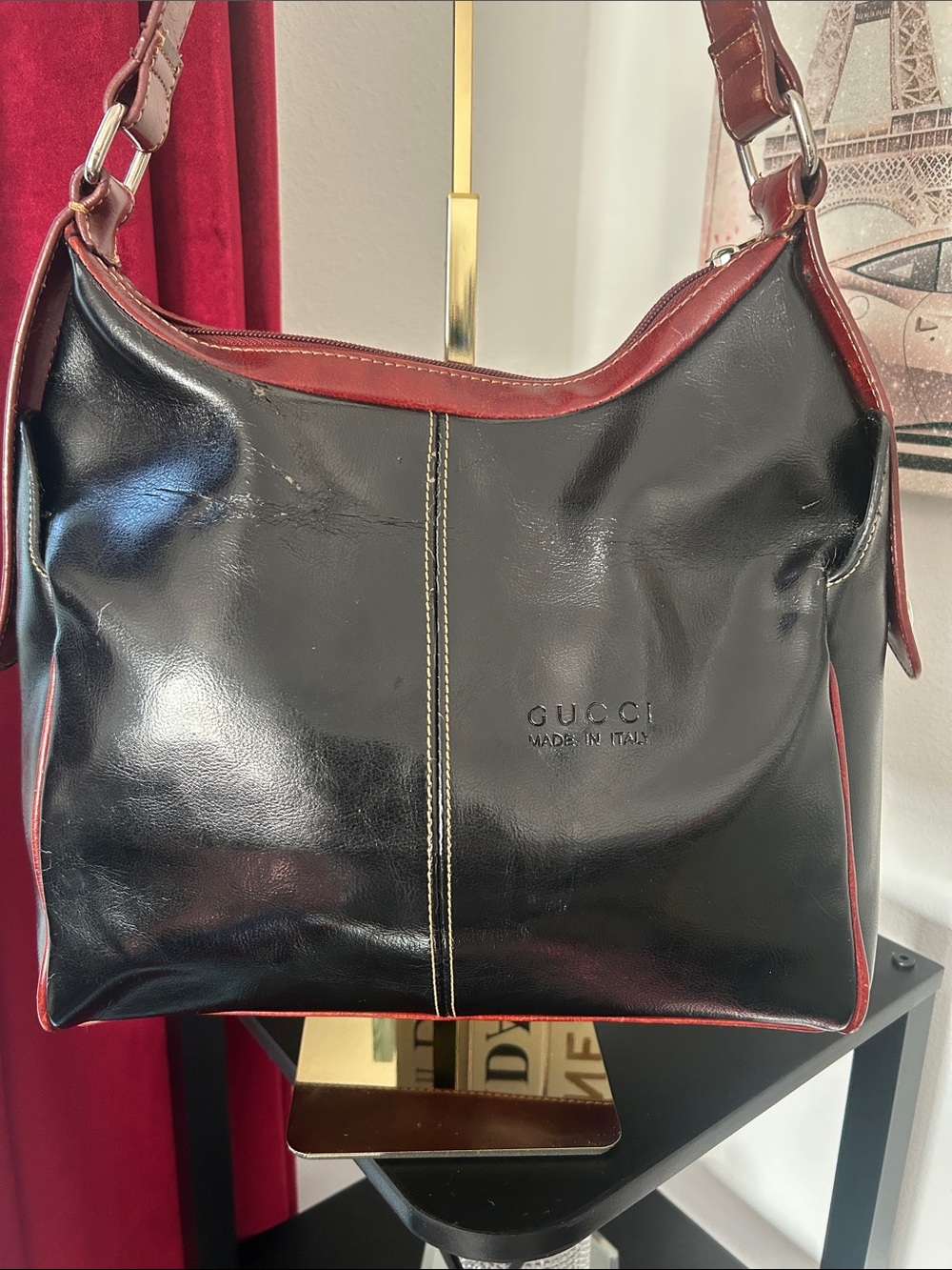 Gucci Black/Brown Two-Tone Leather Shoulder Bag NEEDS STRAP REPAIR! View photos.